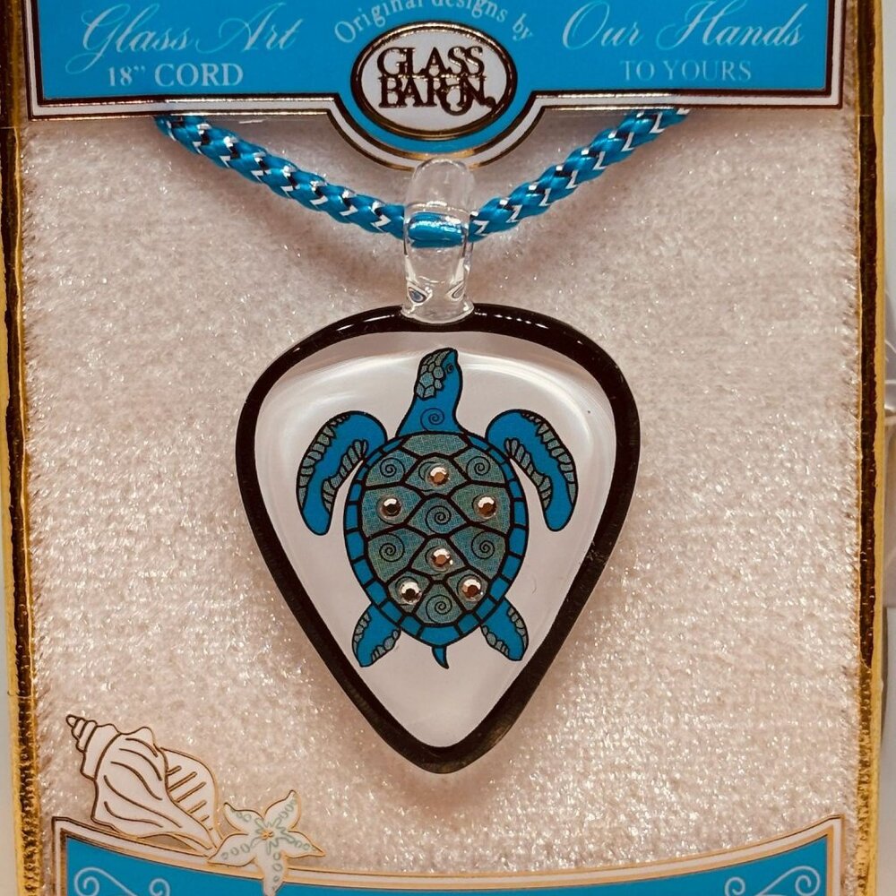 Sea Turtle Guitar Pick Necklace Blue Aloha Pendant Crystal Accent Cord